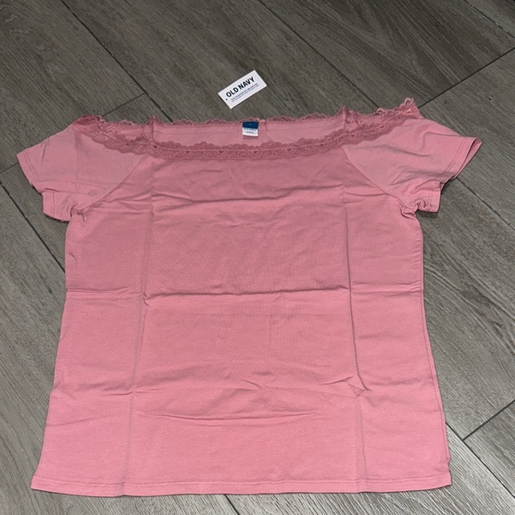 NWT Old Navy  Pink Lace off the shoulder Tee size Large - Picture 2 of 13